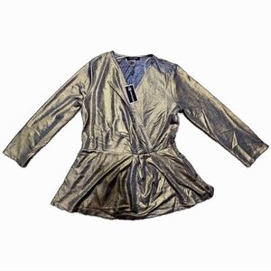 Cable & Gauge Metallic Long Sleeve Wrap Top